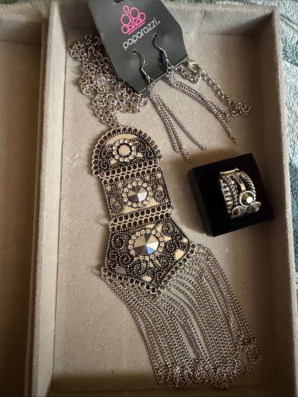 paparazzi Silver-Tone Filigree Fringe Statement Necklace with Tassel Earrings